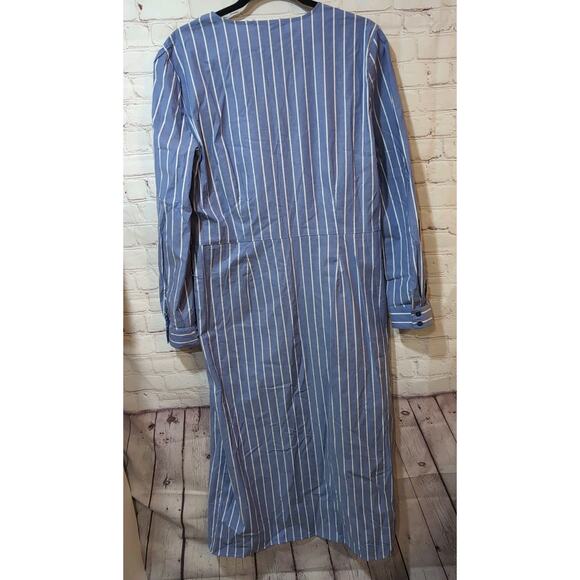 LOFT Shirt Dress Sz 16 Blue White Striped Long Sleeve Wrap Midi V-Neck - Picture 12 of 15